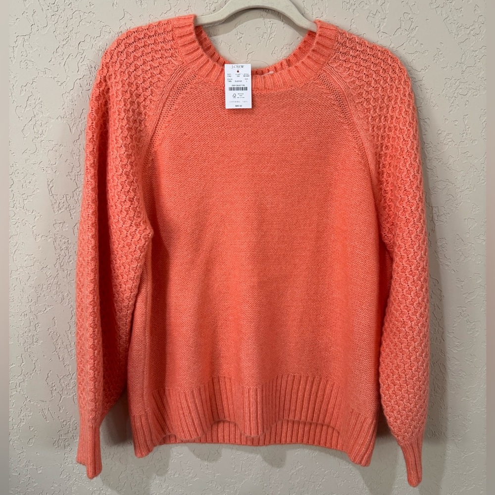 J Crew Tangerine Honeycomb Sleeve Sweater L NWT Alpaca Wool Blend